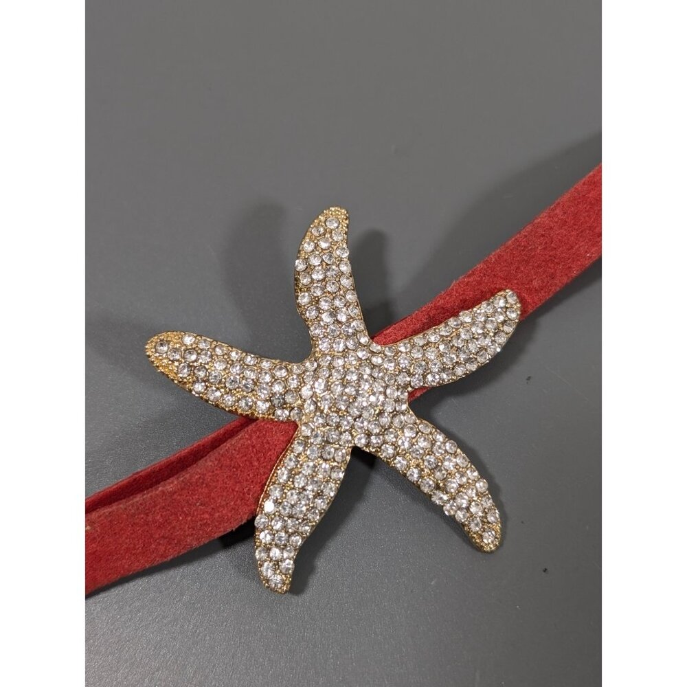 Rhinestone Pave Starfish Red Snap Cuff Bracelet Beachy Coastal Chic Boho 6-6.5"
